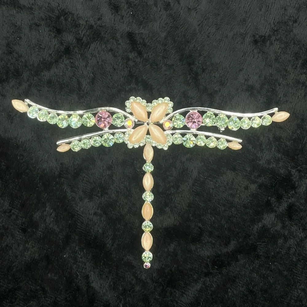 NWT GIVENCHY Dragonfly Pin Brooch Peach Moonstone Silver Tone Green Pink Crystal - Picture 1 of 9